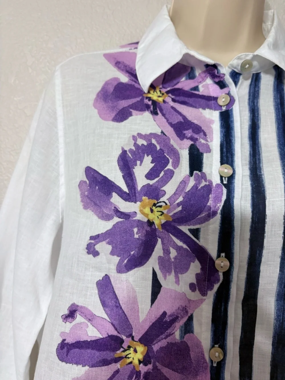 Chico’s Button-Down Linen Shirt with Purple Floral & Navy Stripe Roll Tab Sleeve - Picture 3 of 15